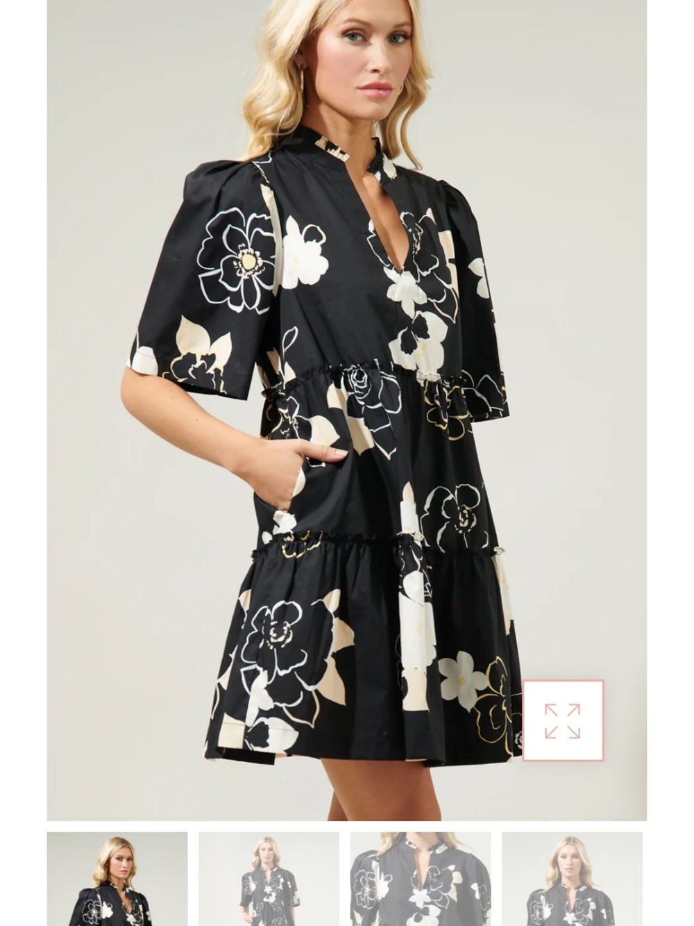 Sugarlips Black Floral Tiered Mini Dress with Cream Blooms